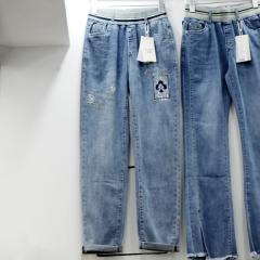 夏季新款欧货重工烫钻刺绣直筒牛仔裤宽松显瘦阔腿裤