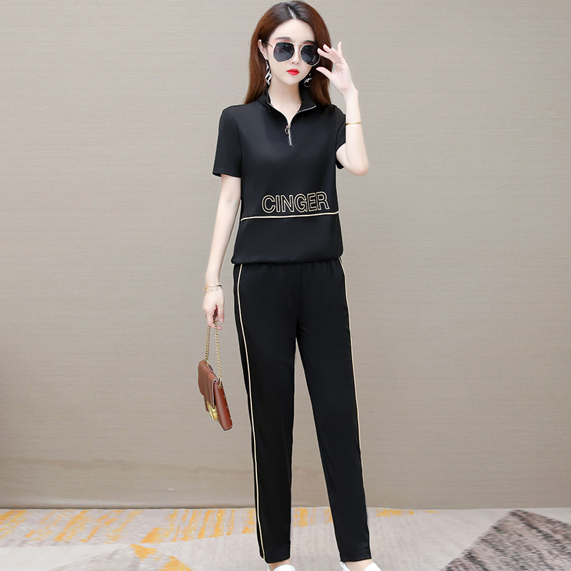 夏天新款修身高端气质短袖休闲洋气套装