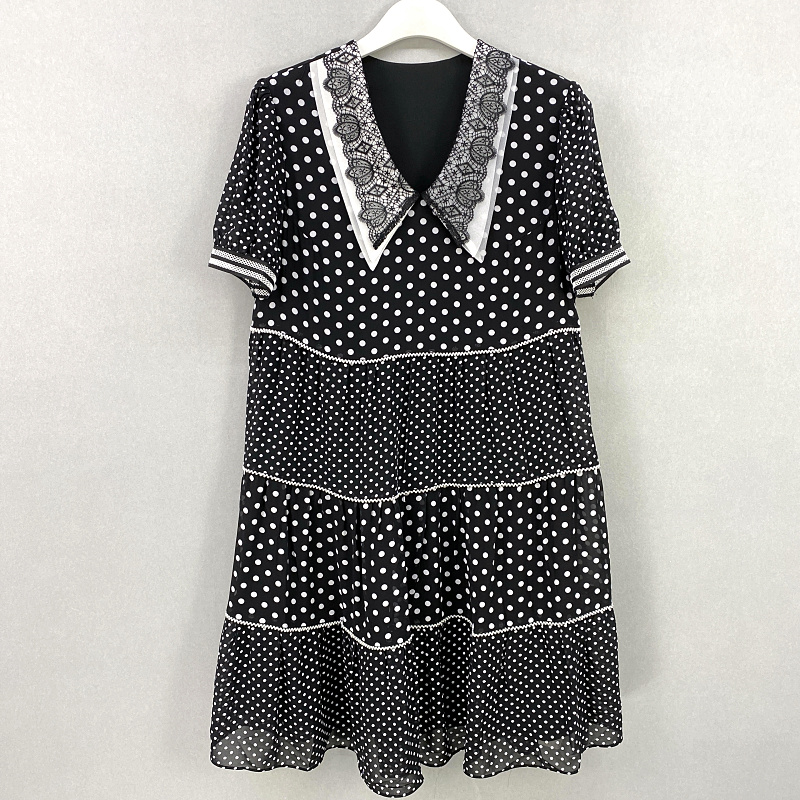 夏季新款大码气质显瘦娃娃领波点拼接中长连衣裙