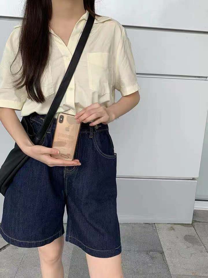 五分牛仔裤夏季薄款宽松显瘦百搭深蓝色高腰阔腿牛仔短裤女