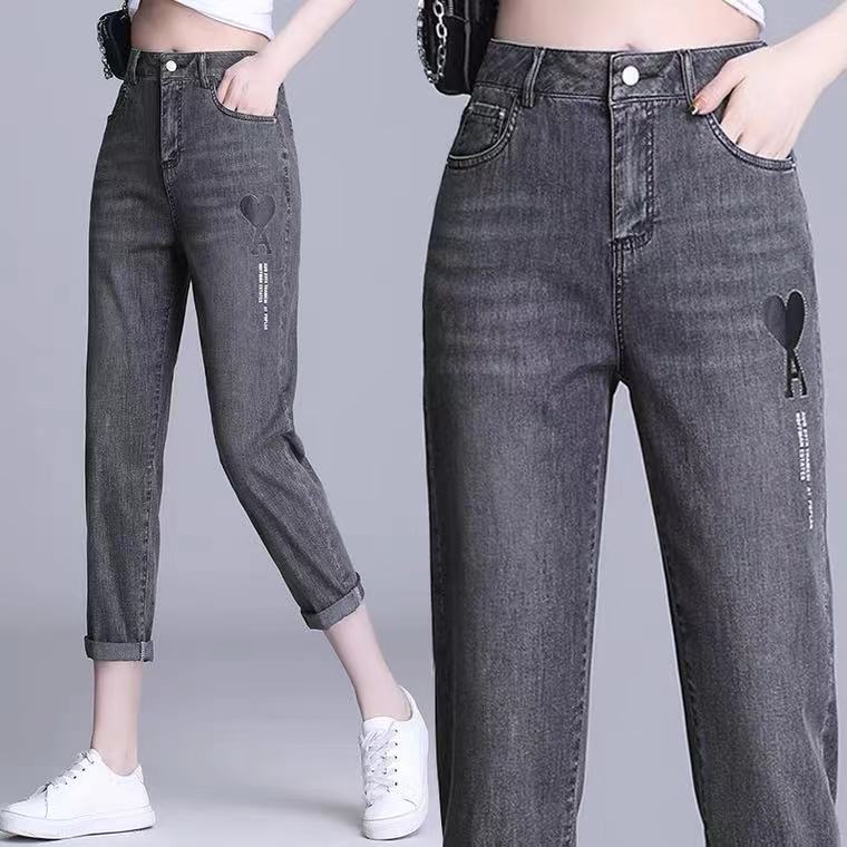 牛仔裤女夏季薄款显瘦老爹八九分裤新款高腰腰爱心小脚哈伦裤