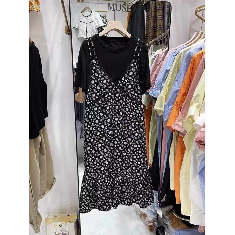 黑色吊带碎花连衣裙两件套女夏欧洲站