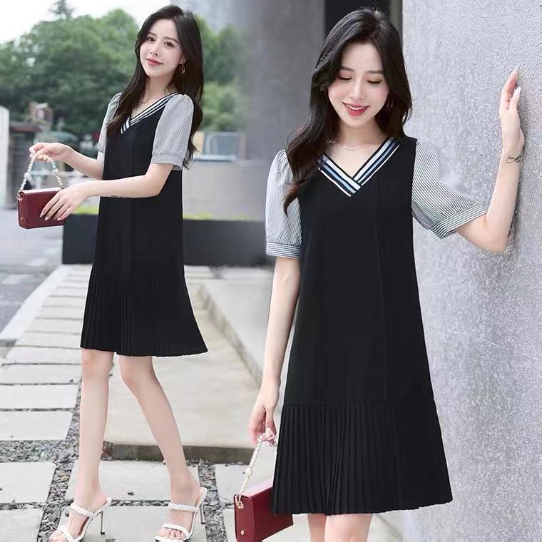 夏季新款韩版宽松小个子时尚休闲v领气质拼接裙