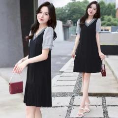 夏季新款韩版宽松小个子时尚休闲v领气质拼接裙