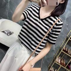 拼色冰丝黑白条纹针织短袖女夏季薄款V领宽松上衣T恤百搭半袖打底