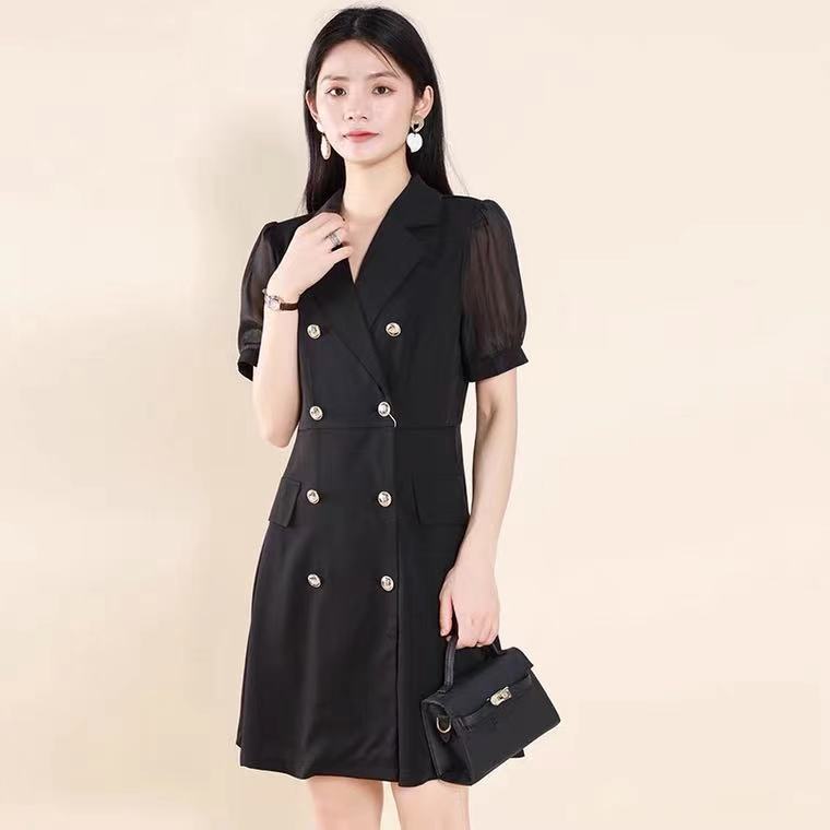 新款女修身显瘦双排扣别致设计感薄款西服裙子