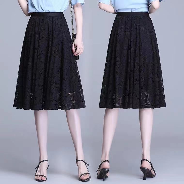 春夏款松紧高腰中长款网纱伞裙蓬蓬裙a字短裙