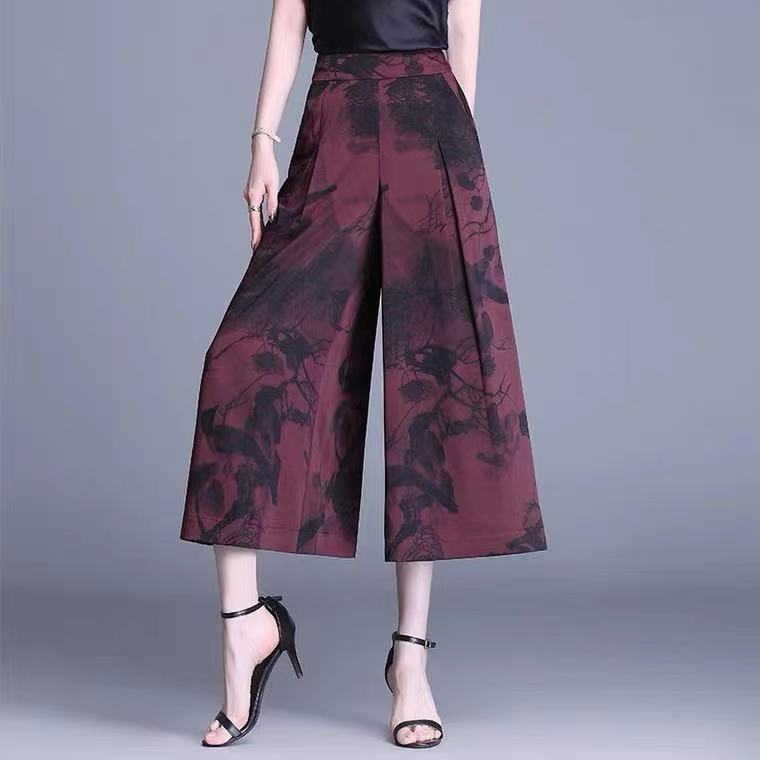 夏季新款高腰显瘦简约通勤时尚薄款女七分裤印花长裤裙裤