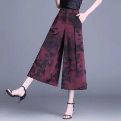 夏季新款高腰显瘦简约通勤时尚薄款女七分裤印花长裤裙裤