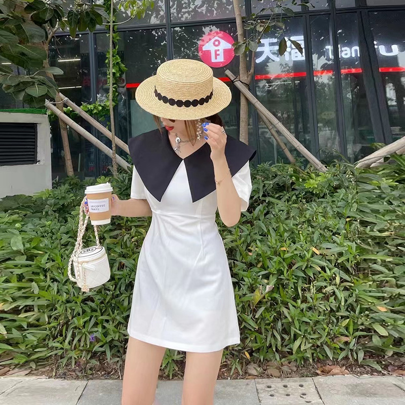 大翻领法式西装短袖连衣裙女