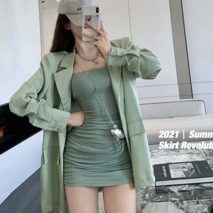 套装女韩版新款缎面防晒薄款西装外套修身显瘦抹胸包臀连衣裙