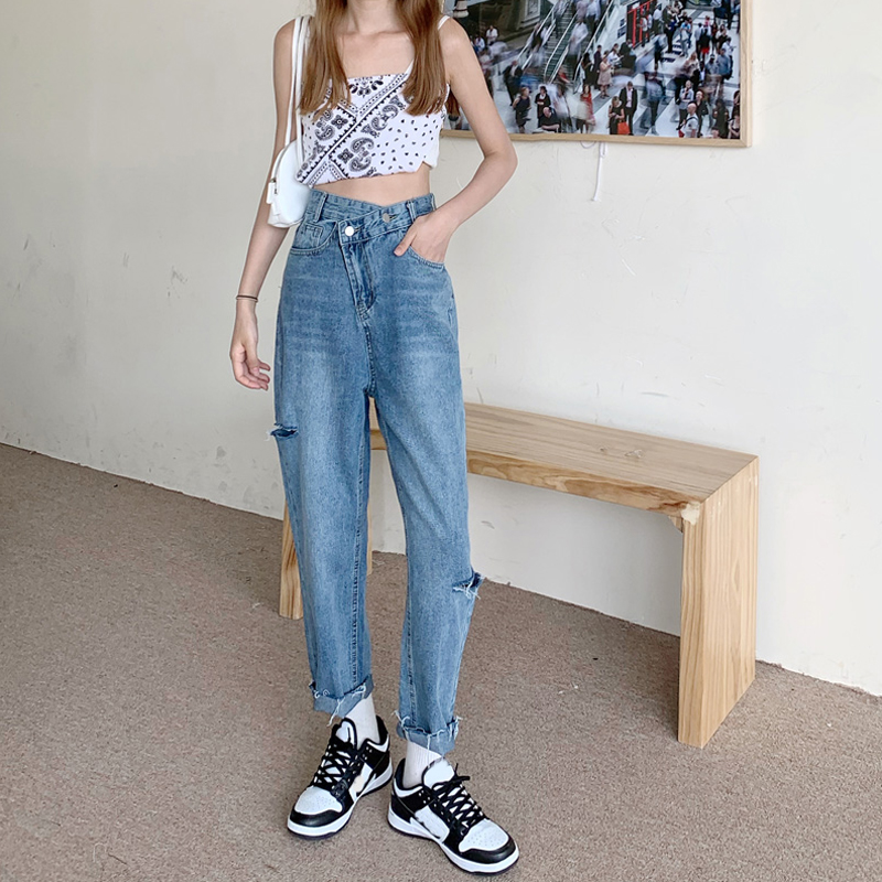 破洞九分牛仔裤女夏季薄款新款小个子高腰直筒宽松阔腿裤子潮