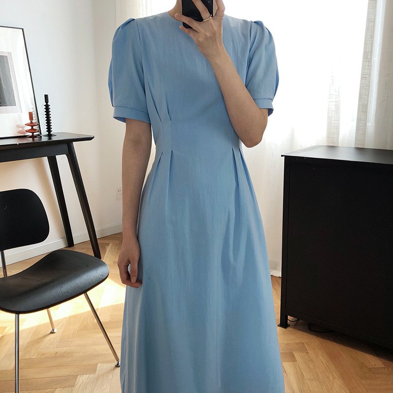 泡泡袖连衣裙女夏季法式复古收腰显瘦a字