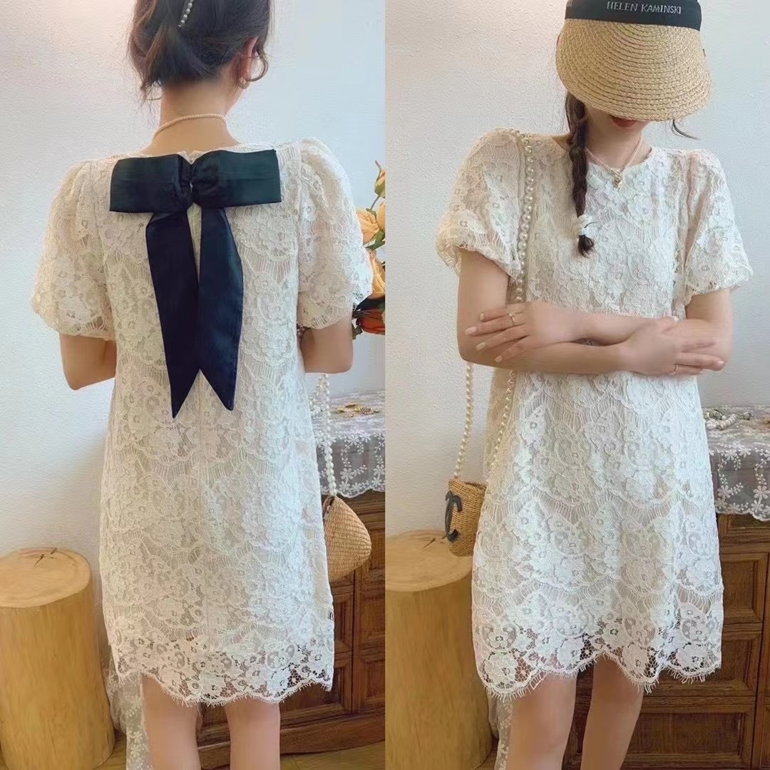 夏新款法式蕾丝气质定制泡泡袖蕾丝裙后背蝴蝶结设计连衣裙女