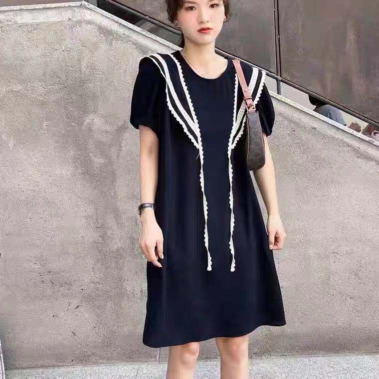 夏季新款韩版刺绣蕾丝花边海军领中长款连衣裙宽松显瘦减龄女