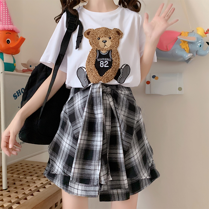 日系套装裙夏小熊短袖t恤女孩时尚