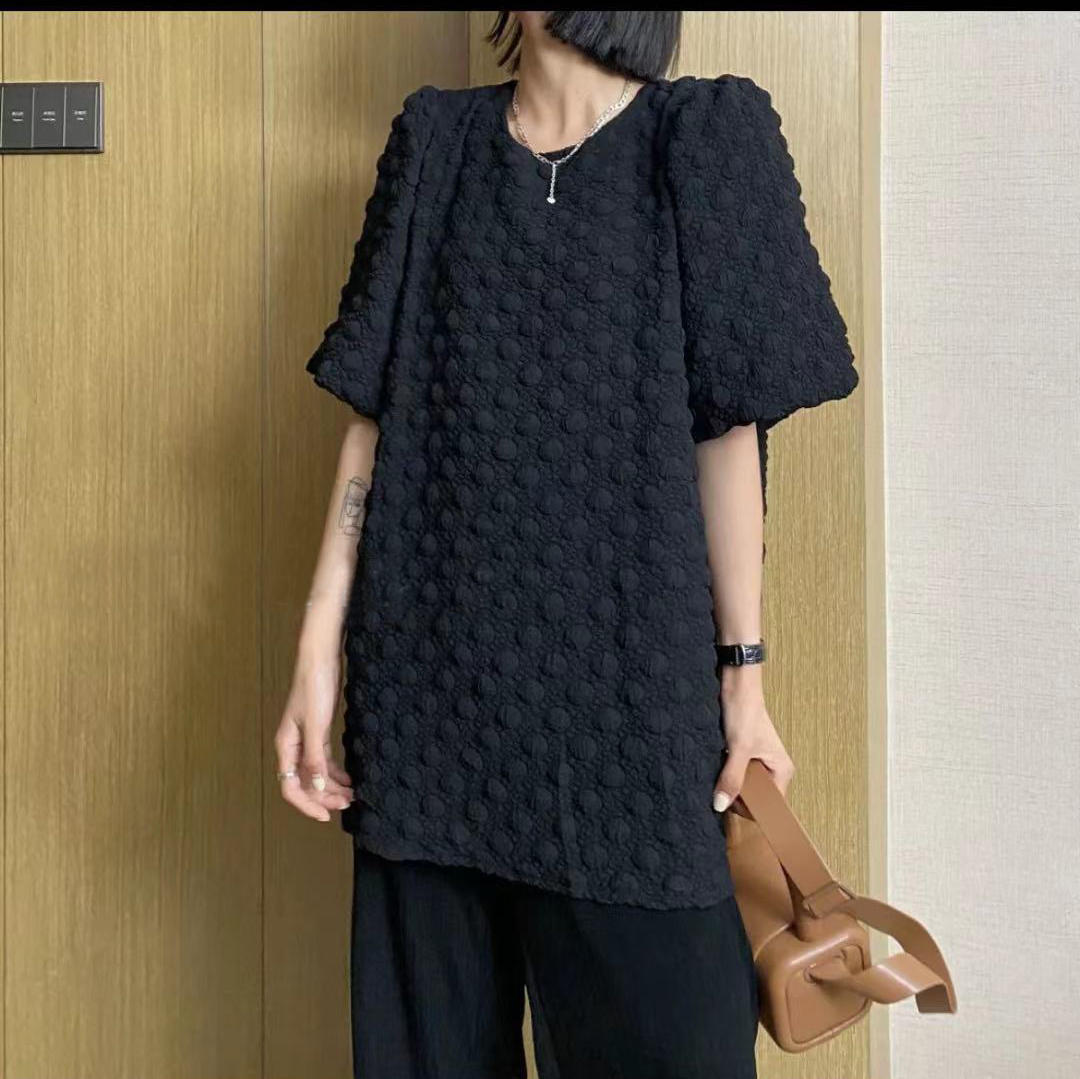 洋气慵懒风宽松时尚短袖T恤女韩版中长款圆领设计感立体圆点 上衣