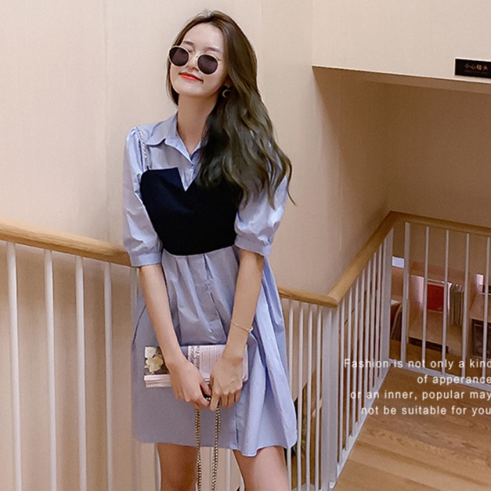 连衣裙时尚两件套夏季链条吊带背心+复古泡泡袖露背衬衫裙