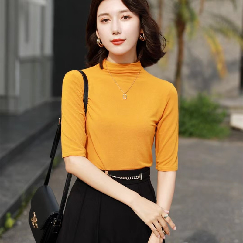 早秋新款半高领羊毛亲肤打底衫女立领薄款中袖T恤纯色百搭上衣潮