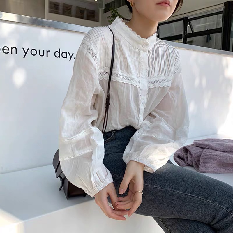 秋季原创森女复古日系褶皱宽松休闲立领白色麻料衬衫