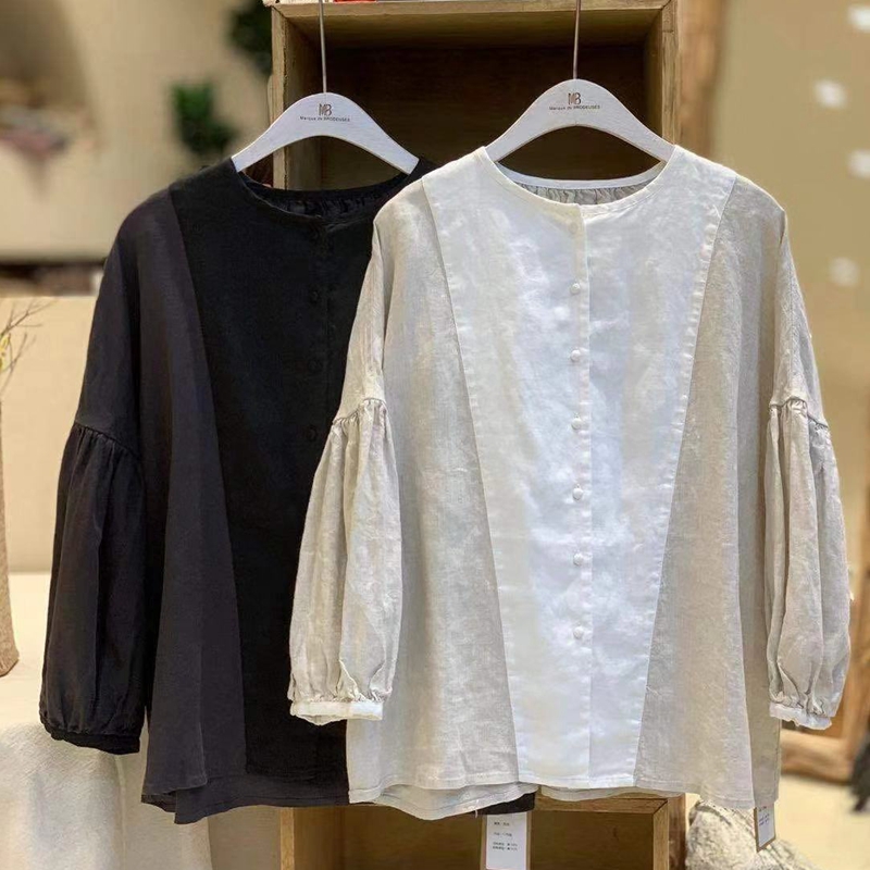 甜美森系亚麻衬衫女拼接圆领宫庭感灯笼袖上衣日系风