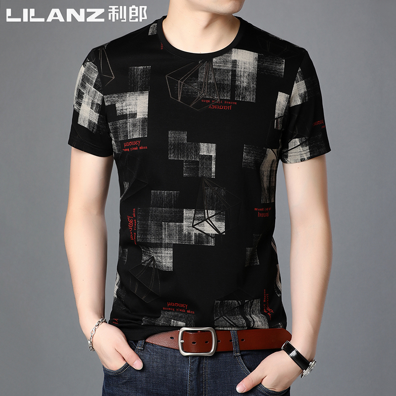 短袖T恤男圆领几何商务休闲大码半袖中青年男士冰丝打底t恤夏