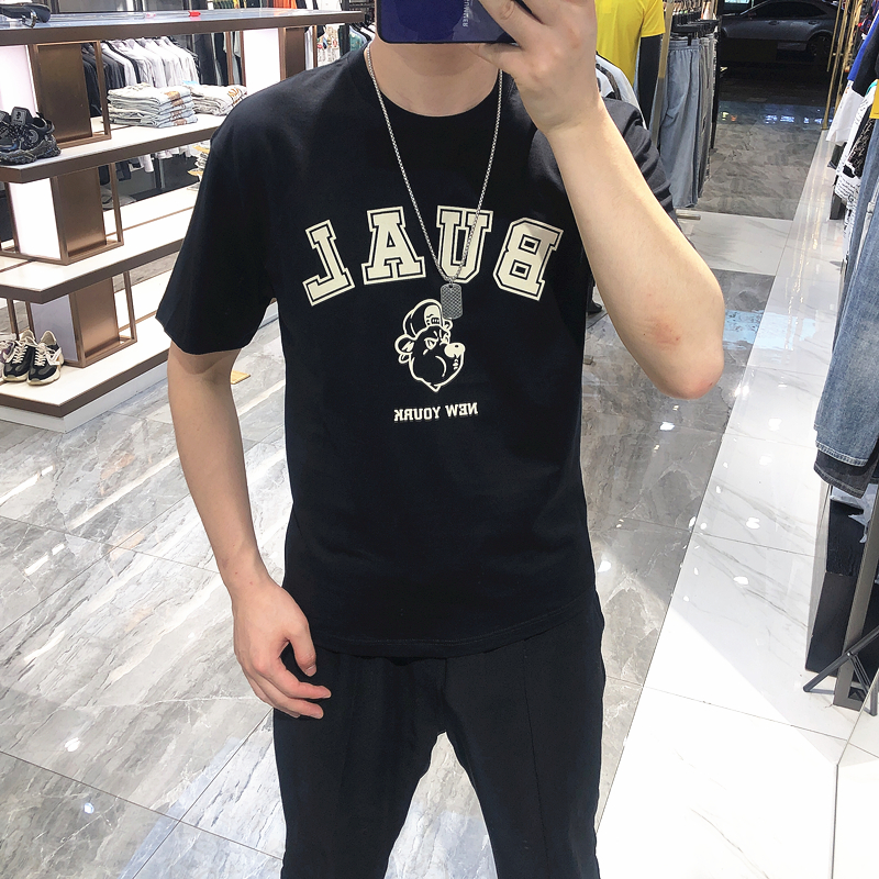 新款短息T恤男韩版修身字母个性印花百搭休闲青年潮流半袖男