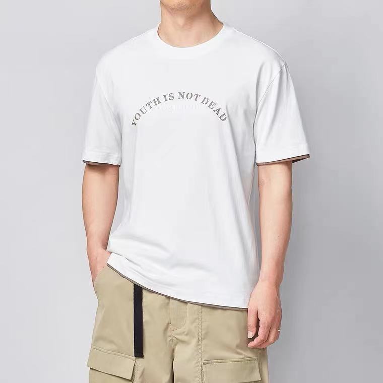 夏季新款圆领简约刺绣短袖T恤男士假两件体恤