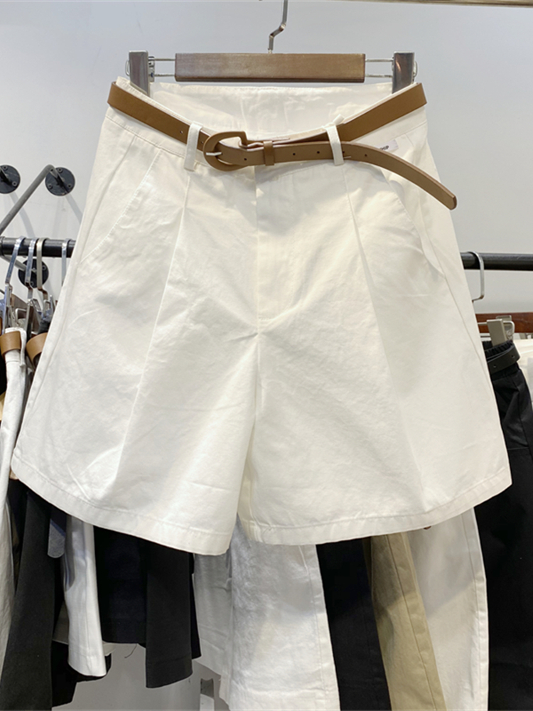 欧洲站阔腿棉高腰气质腰带纯色百搭显瘦中裤工装五分短裤女热裤夏