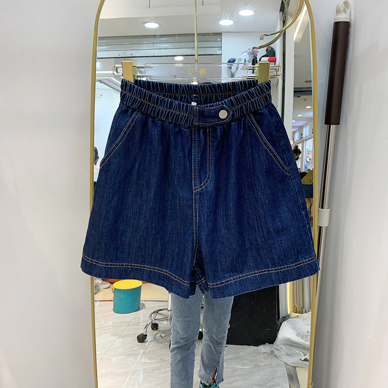 夏季宽松复古港风阔腿牛仔短裤女韩版松紧高腰显腿长休闲热裤