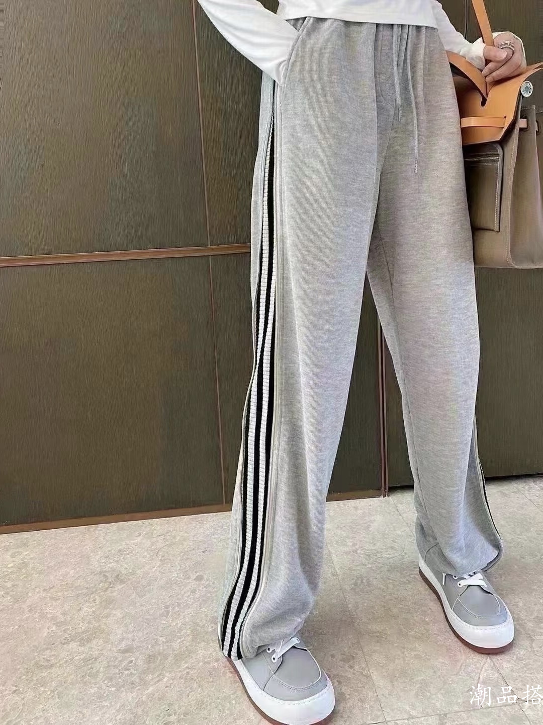 韩版秋季新款高腰显瘦系带宽松直筒侧边条纹休闲束脚口运动裤女潮