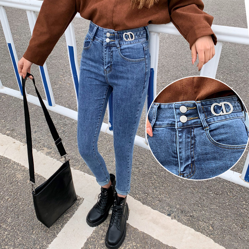 牛仔裤女显瘦新款高腰显瘦网红同款双排扣收腹ins超火九分小脚裤