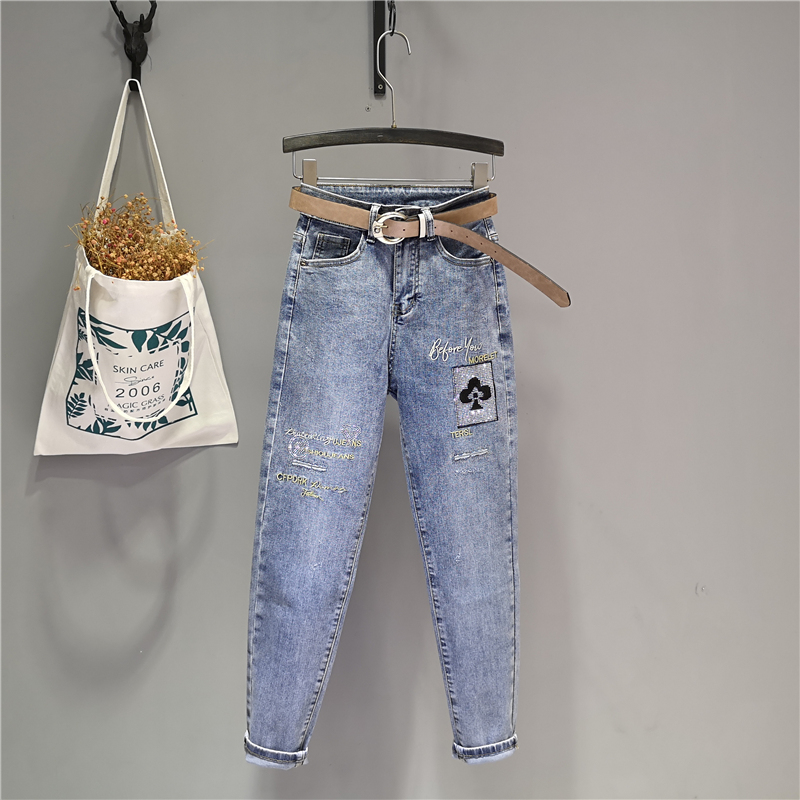 夏季新款宽松高腰梅花烫钻显瘦时尚九分裤