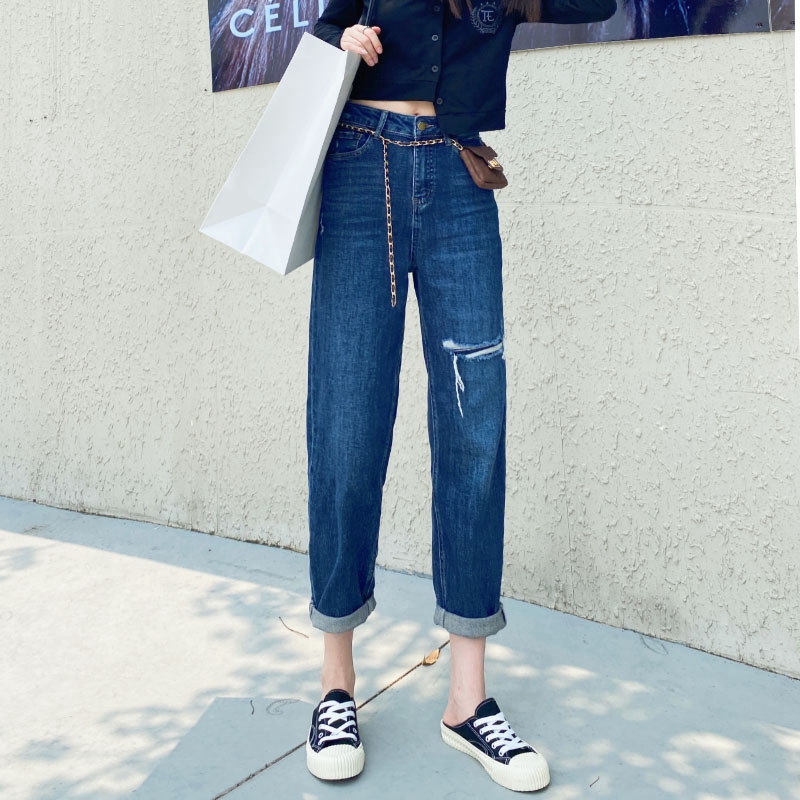 深蓝色高腰破洞九分哈伦裤女秋季新款显瘦老爹裤