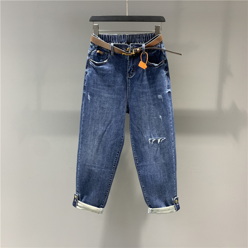 秋季新品蓝色休闲割破哈伦牛仔裤女宽松洋气卷边萝卜垮裤