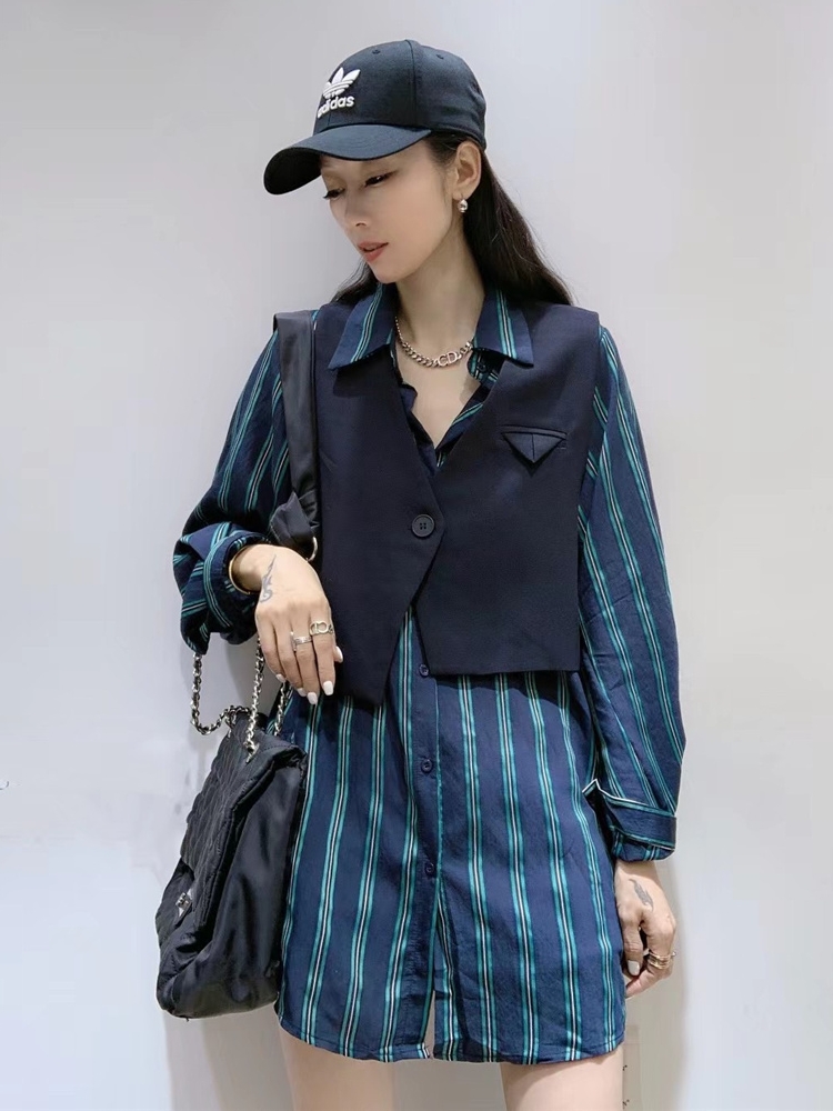 新款欧货女装条纹长袖衬衫宽松韩版西装马甲两件套