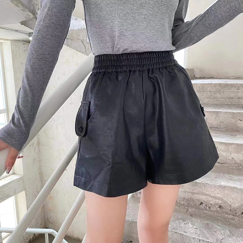 黑色PU皮短裤女外穿季新款高腰显瘦a字宽松阔腿裤靴裤潮