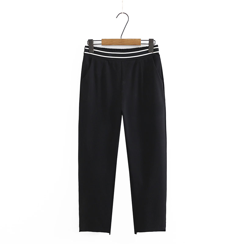 显瘦镶条松紧腰前短后长弹力休闲裤