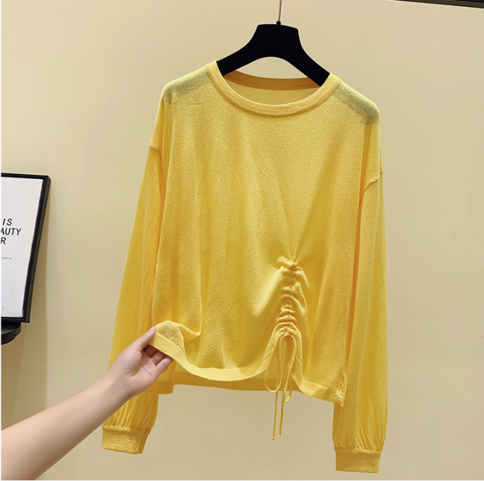 夏季冰丝针织衫女宽松抽绳长袖防晒衫空调衣套头罩衫薄款上衣外搭