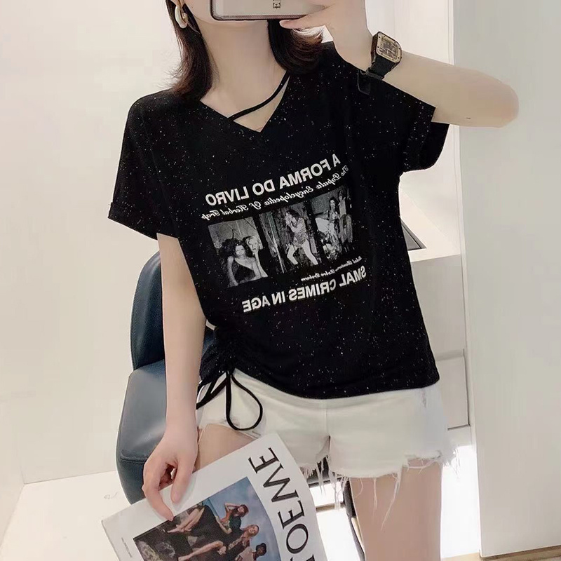 新款心机小众V领抽绳显瘦v领半袖上衣服