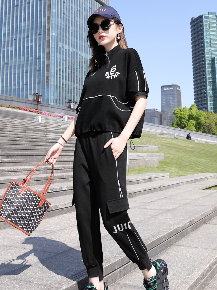 新款夏季时尚减龄潮流跑步休闲短袖束脚裤两件套