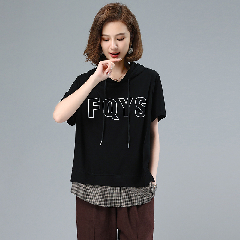 新款女宽松假两件连帽印花短袖大码减龄卫衣