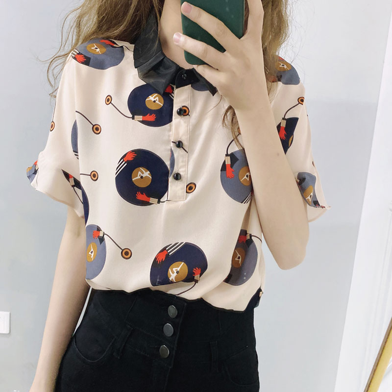 新款雪纺衫女上衣宽松减龄短袖印花洋气小衫潮