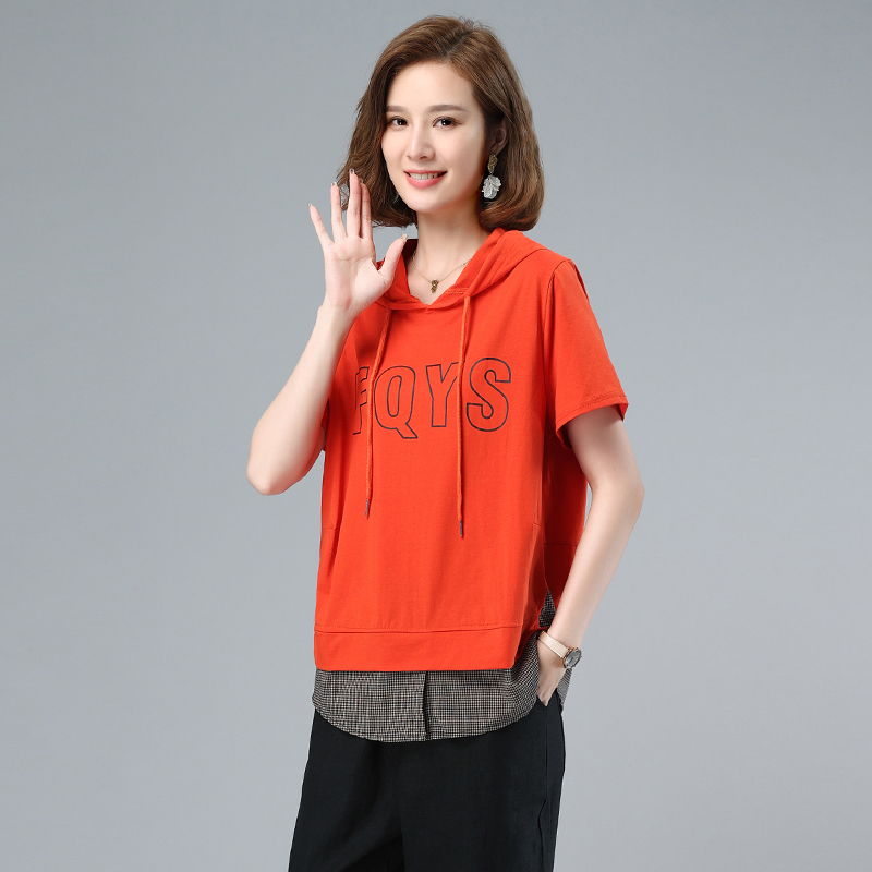 新款女宽松假两件连帽印花短袖大码减龄卫衣