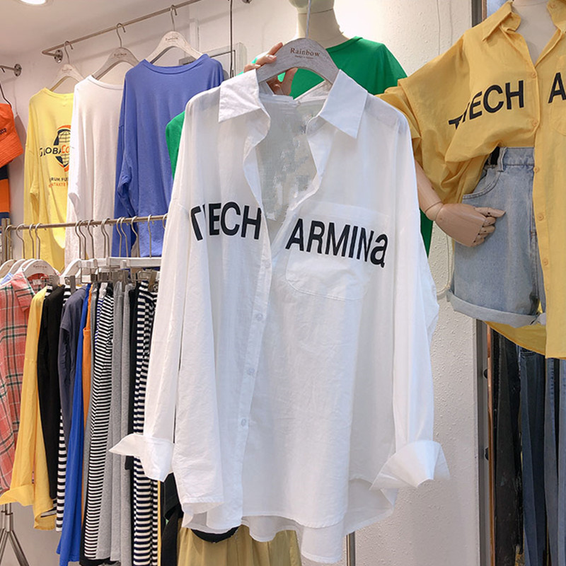 韩国chic时尚慵懒风宽松字母印花百搭开衫长袖衬衫女防晒衫上衣潮