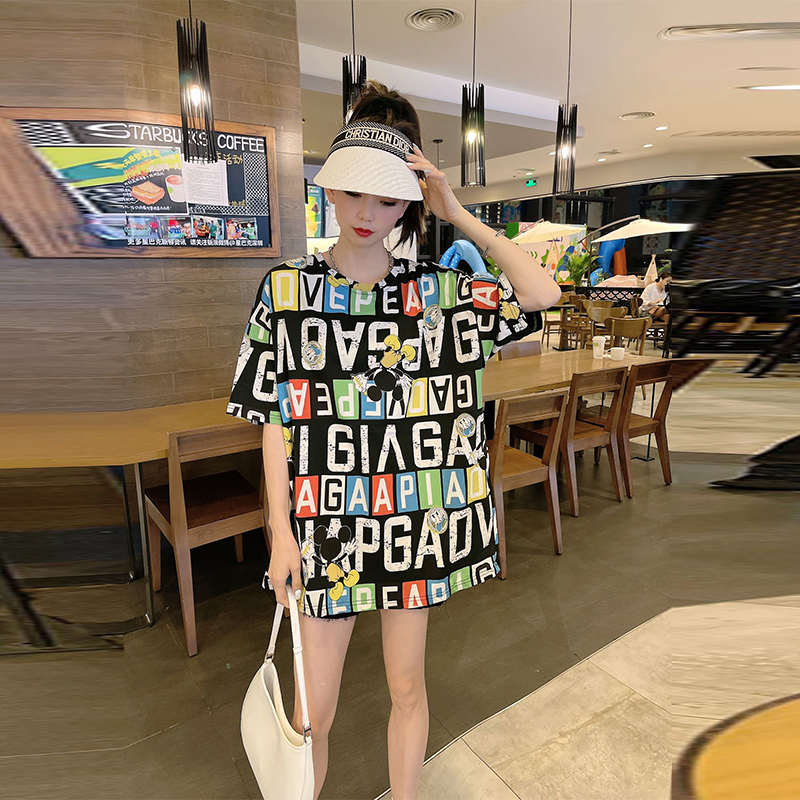 夏季新款情侣女装中长款字母印花宽松大码上衣短袖T恤