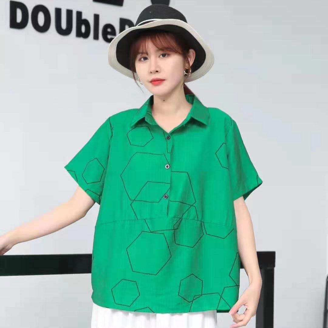 t恤妈妈夏装洋气印花上衣中年女翻领短袖中老年减龄衬衣小衫