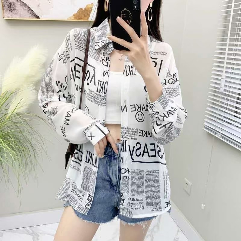 简约风潮流新品翻领笑脸字母长袖中长款雪纺衬衫