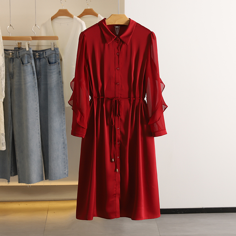 中长款纯色西装领荷叶边连衣裙秋装