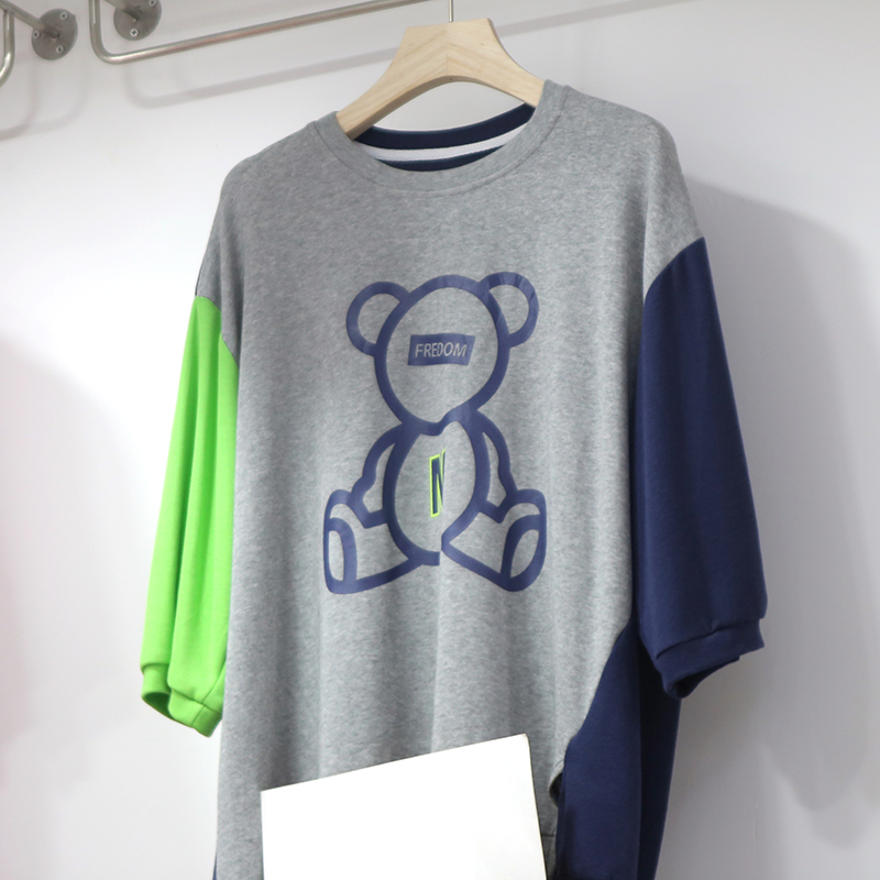 特别设计韩版休闲刺绣贴布字母小熊撞色T恤女宽松大码夏
